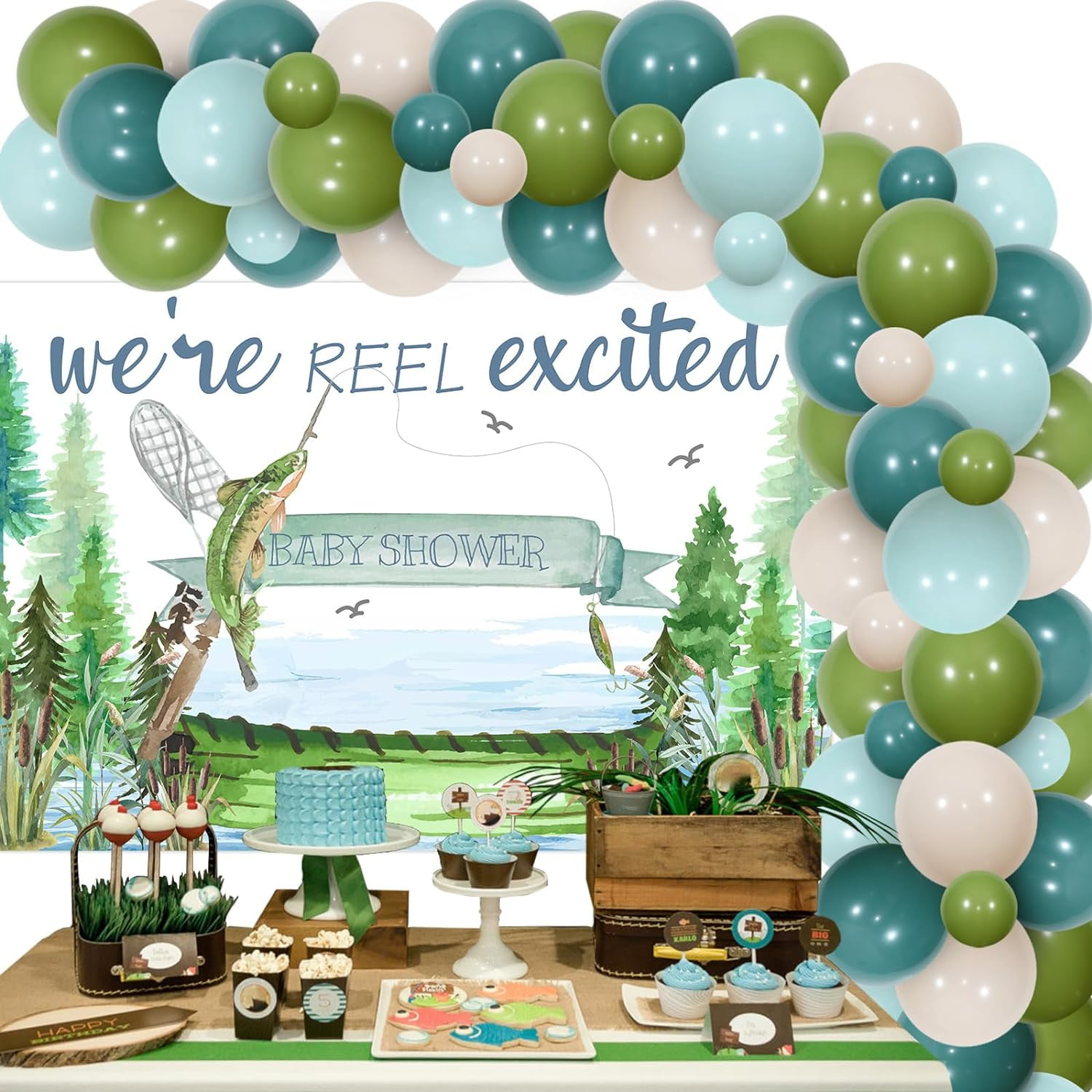 Fishing Baby Shower Decorations for Boys, Gone Fishing Baby Shower Backdrop  Balloon Garland Arch Kit Retro for Fishing Party Decorations Supplies 