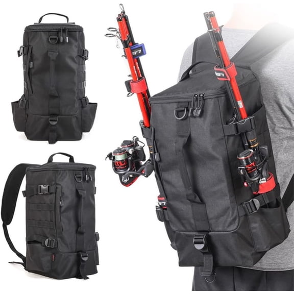 Fishing Backpack, 2 Fishing Rod Holders Fishing Tackle Backpack Without 4 Tackle Boxes, 17.4L Large Storage Fishing Gear Bag for Trout Fishing Outdoor Camping Hiking black