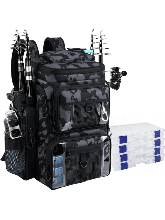 Fishing Backpack with 4 Tackle Boxes, 55L Large Tackle Box Backpack with 4 Rod Holders, 900D Tackle Backpacks with Cooler & Clear Gear Windows, Fishing Gifts for Men Women,Camouflage Black