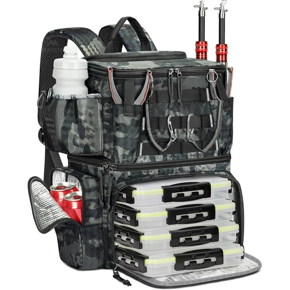 Fishing Backpack with 4 Tackle Boxes & Rod Holder, Tackle Backpack with Safety Compass & Insulated Compartment, Water Resistant Fishing Tray Bag Storage Gear and Equipment, Gifts for Fishermen