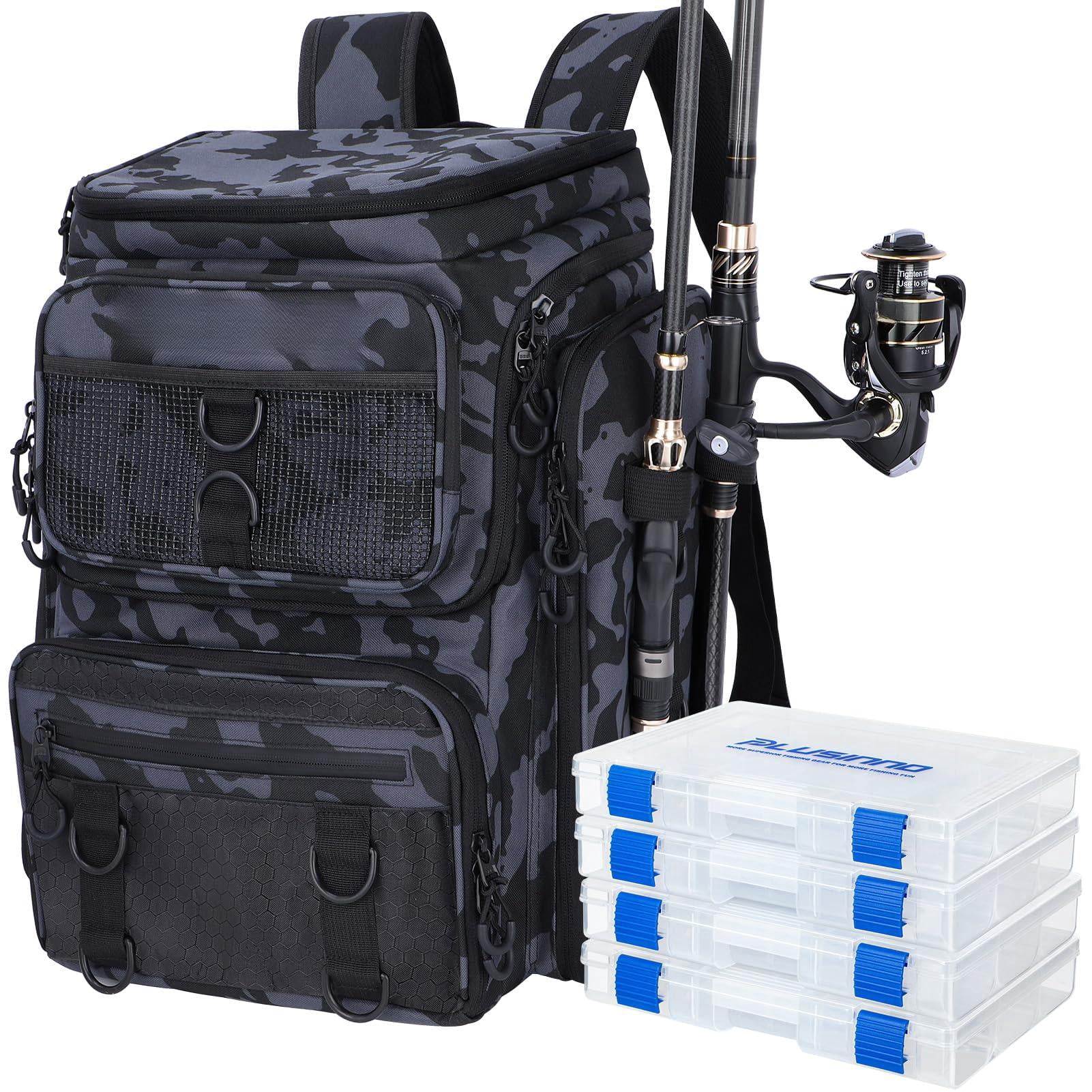 Fishing Backpack With Rod Holders  42l Large Water-resistant Tackle Bag For Camping Hiking Gifts - Black Camo (4 Boxes)
