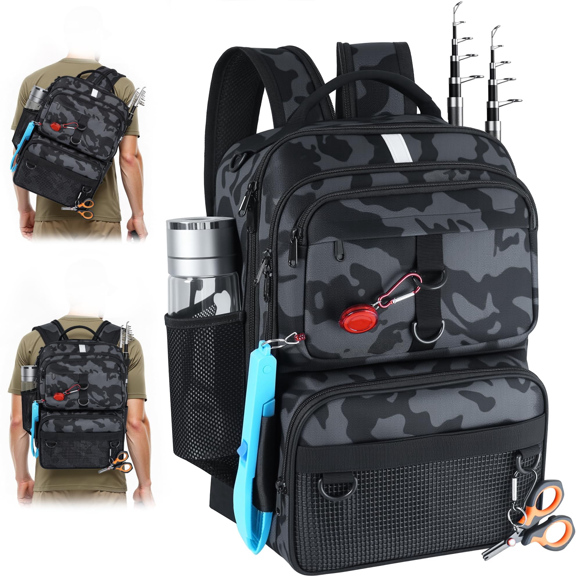 Fishing Backpack With Tackle Boxes And Rod Holder  24l Sling Bag Lures Kit Gear Gifts For Men Women - Camo