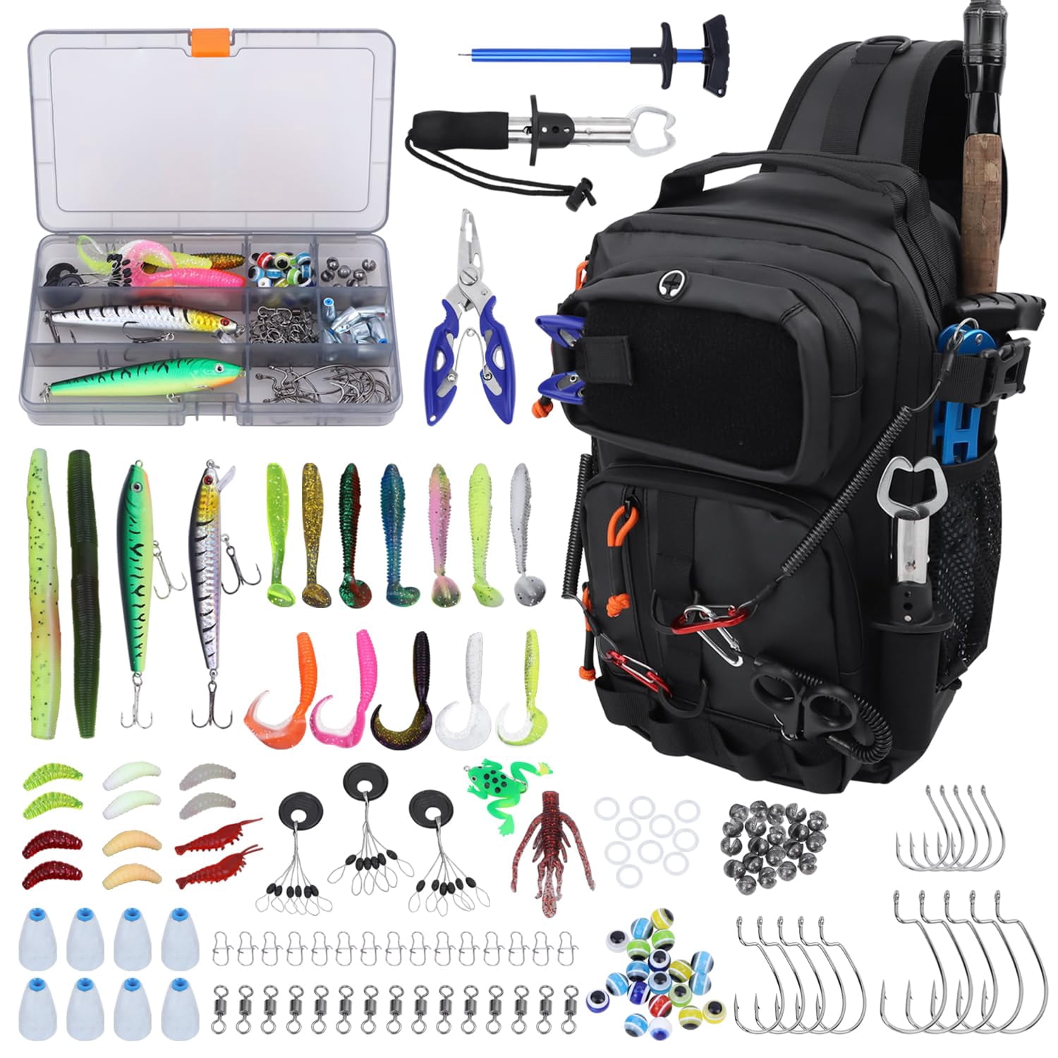 Fishing Backpack With Tackle Boxes Waterproof Shoulder Bag For Gear Fish 136 Lures Kit Hook Remover Tool Lip Gripper Plier Gifts Men (black)