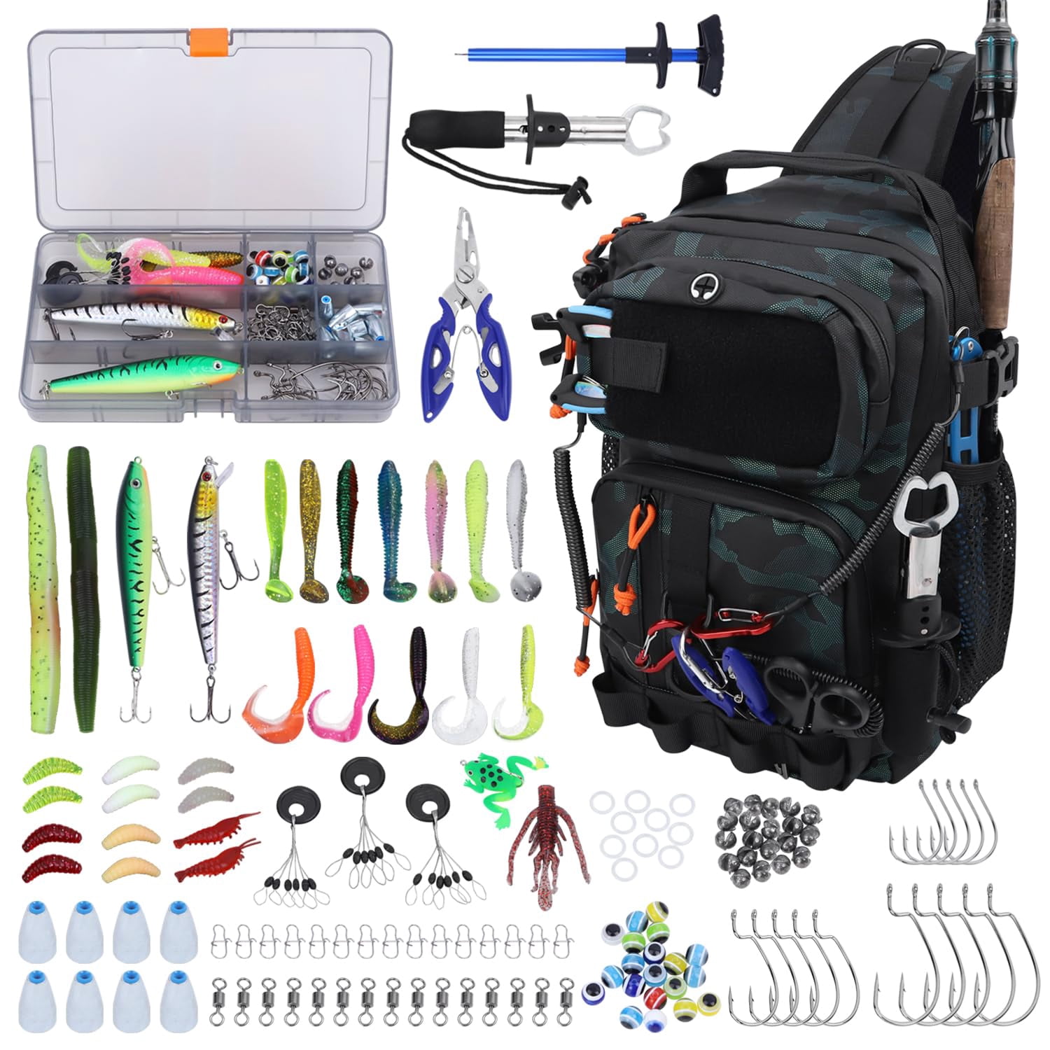 Fishing Backpack With Tackle Boxes Waterproof Shoulder Bag For Gear Fish 136 Lures Kit Hook Remover Tool Lip Gripper Plier Gifts Men (green)