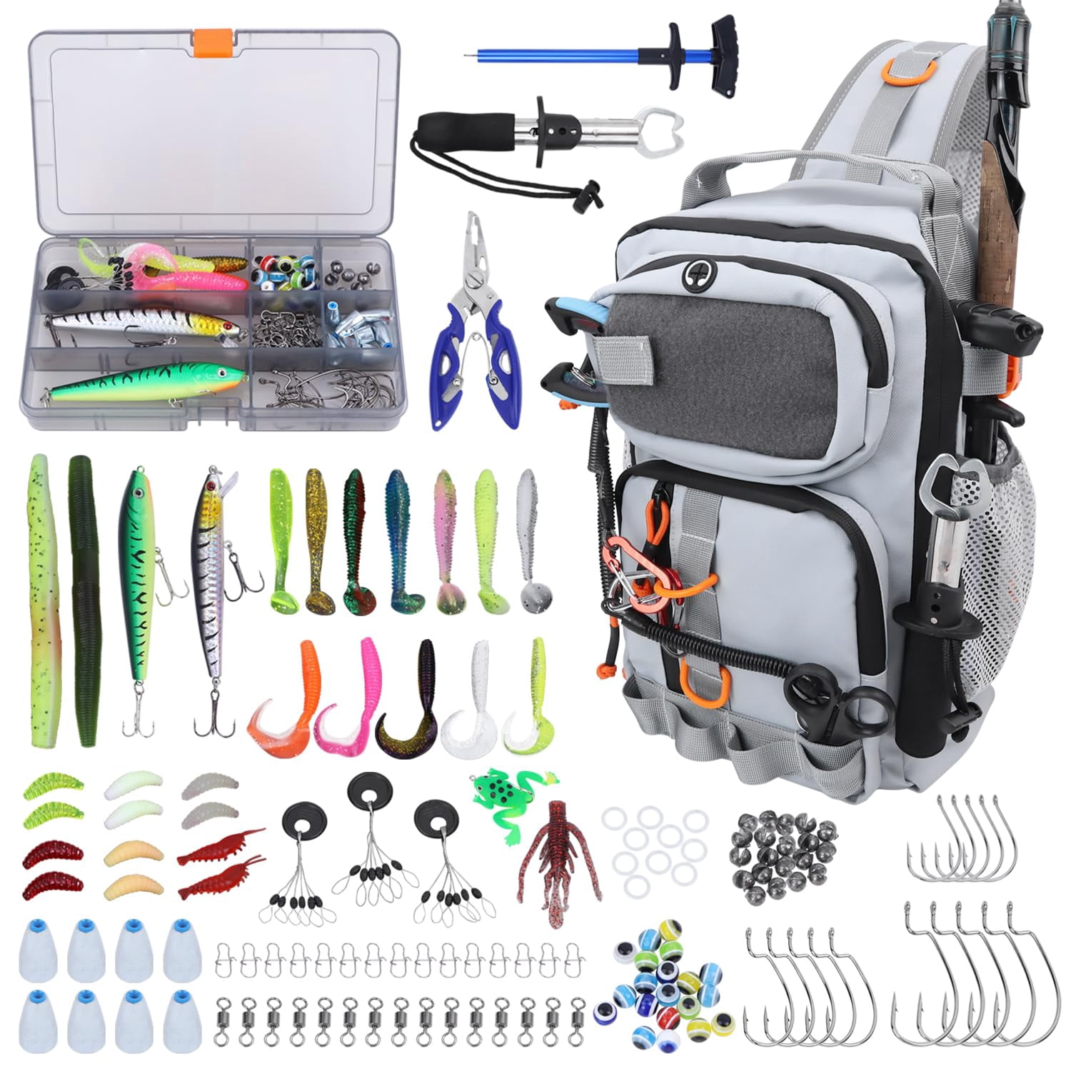 Fishing Backpack With Tackle Boxes Waterproof Shoulder Bag Rod Holder Fish 136 Lures Kit Hook Remover Tool Lip Gripper Plier Gifts For Men (gray)