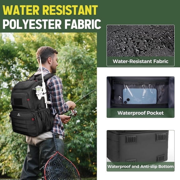 Fishing Backpack with Cooler & USB Port, 15.6 Inch Laptop Bag Tackle Storage Box for Men