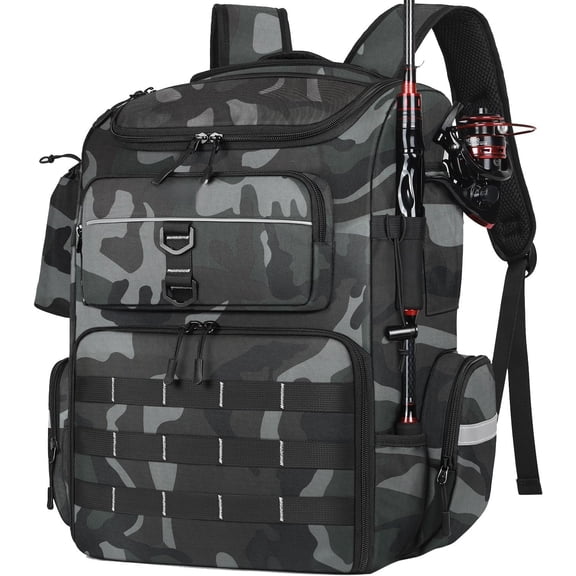 Fishing Backpack with Rod Holders, 45L Large Water-Resistant Tackle Box Backpack, Fishing Gear Gifts for Men -Camouflage