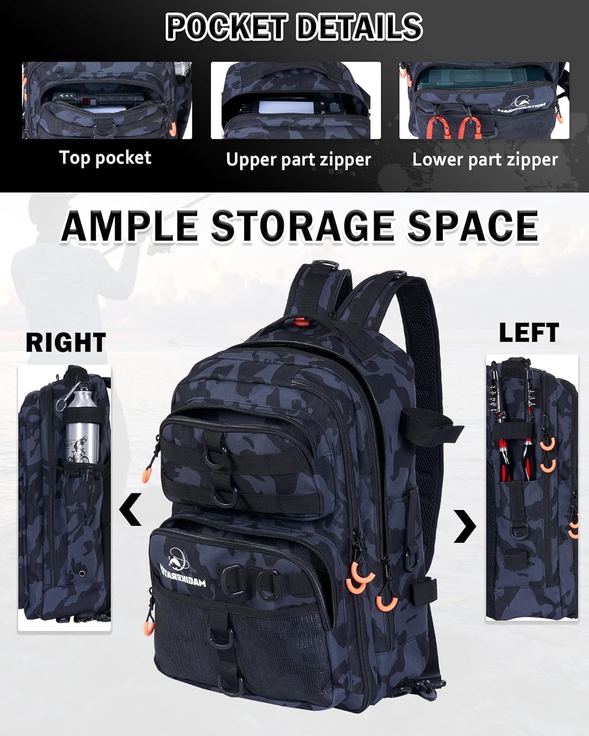 Fishing Backpack with Tackle Box,900D Oxford Water-Resistant Gear with Rod Holder, Fishing Gifts for Men with Lures, Pliers, Lip Gripper