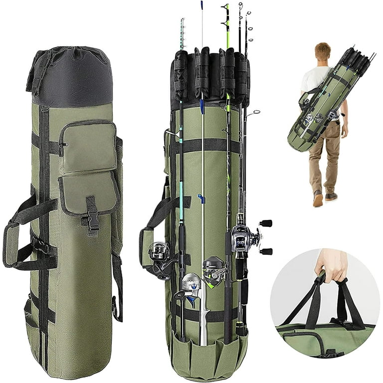 Fishing Bag, Campmoy Durable Canvas Fishing Rod Bag, Fishing Rod Case Holds  5 Poles and Tackle, Green 
