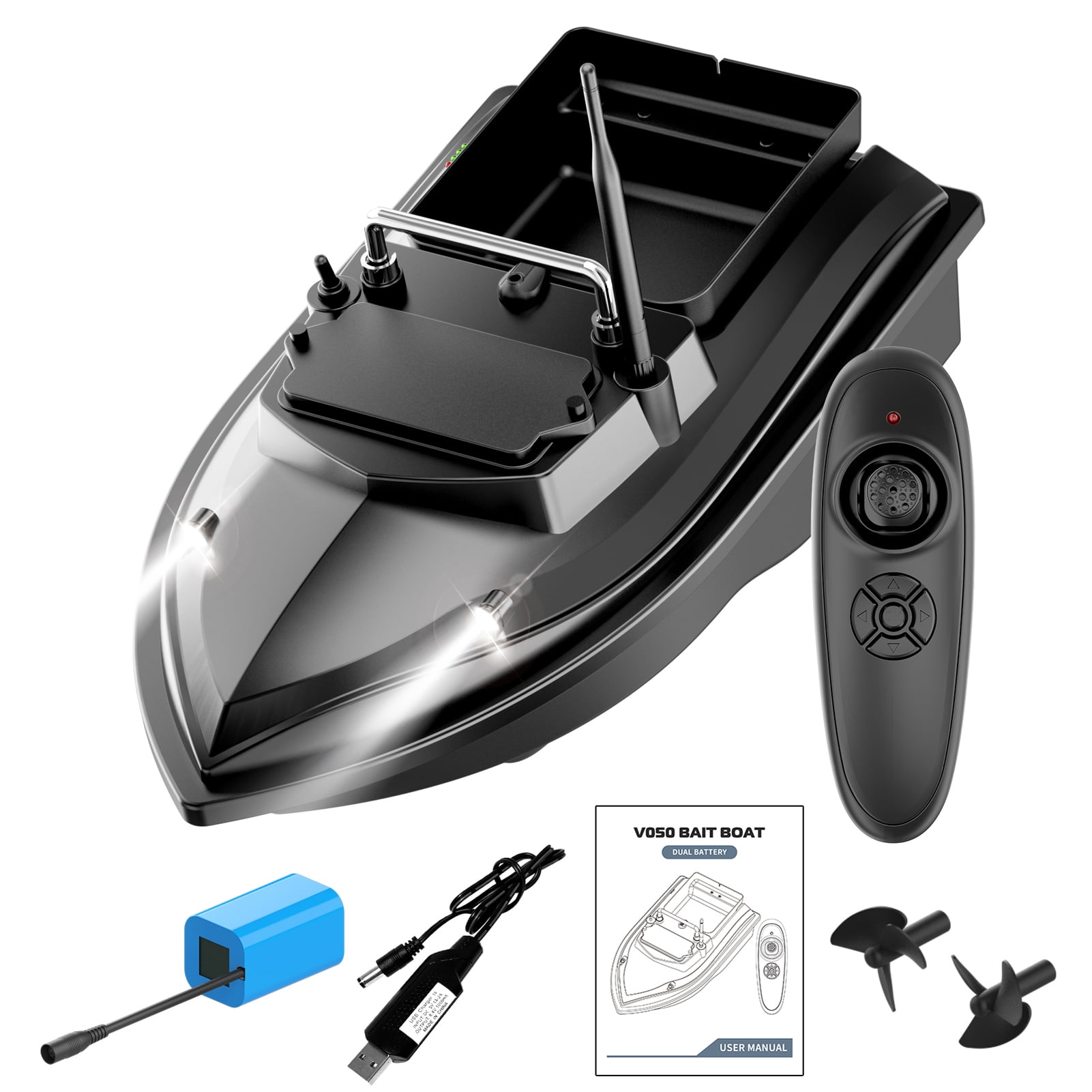 Fishing Bait Boat 500m Remote Control Bait Boat Dual Motor Fish Finder 2KG  Loading Support Automatic Cruise/Route Correction with Night Light Turn  Signal for Fishing 