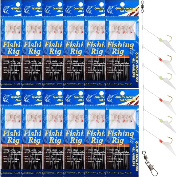 Fishing Bait Rigs 12 Packs Surf Fishing Rigs with String Hooks Glow Beads Fish Skin for Sardine Pinfish Flounder Mackeral Herring Baitfish Pier Boat Saltwater Fishing
