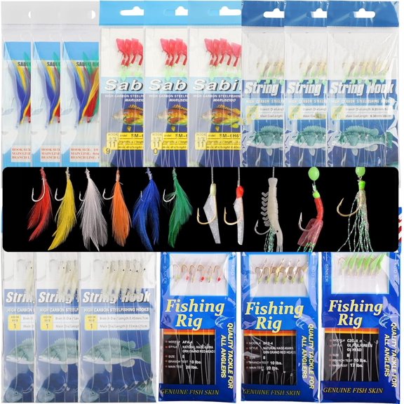 Fishing Bait Rigs Mackerel Rigs, 15 Packs Fishing Rigs with Sharp Hooks Swivels Luminous Soft Shrimp Lure Surf Fishing Rigs Fish Skin Feather Hooks Freshwater Saltwater