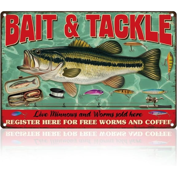 Fishing Bait and Tackle Tin Sign Retro Metal Wall Decor 8" x 12" Vintage Hunting and Fishing Wall Art Poster for Home Cafes Outdoor Garden Lake House Man Cave Decor Gift