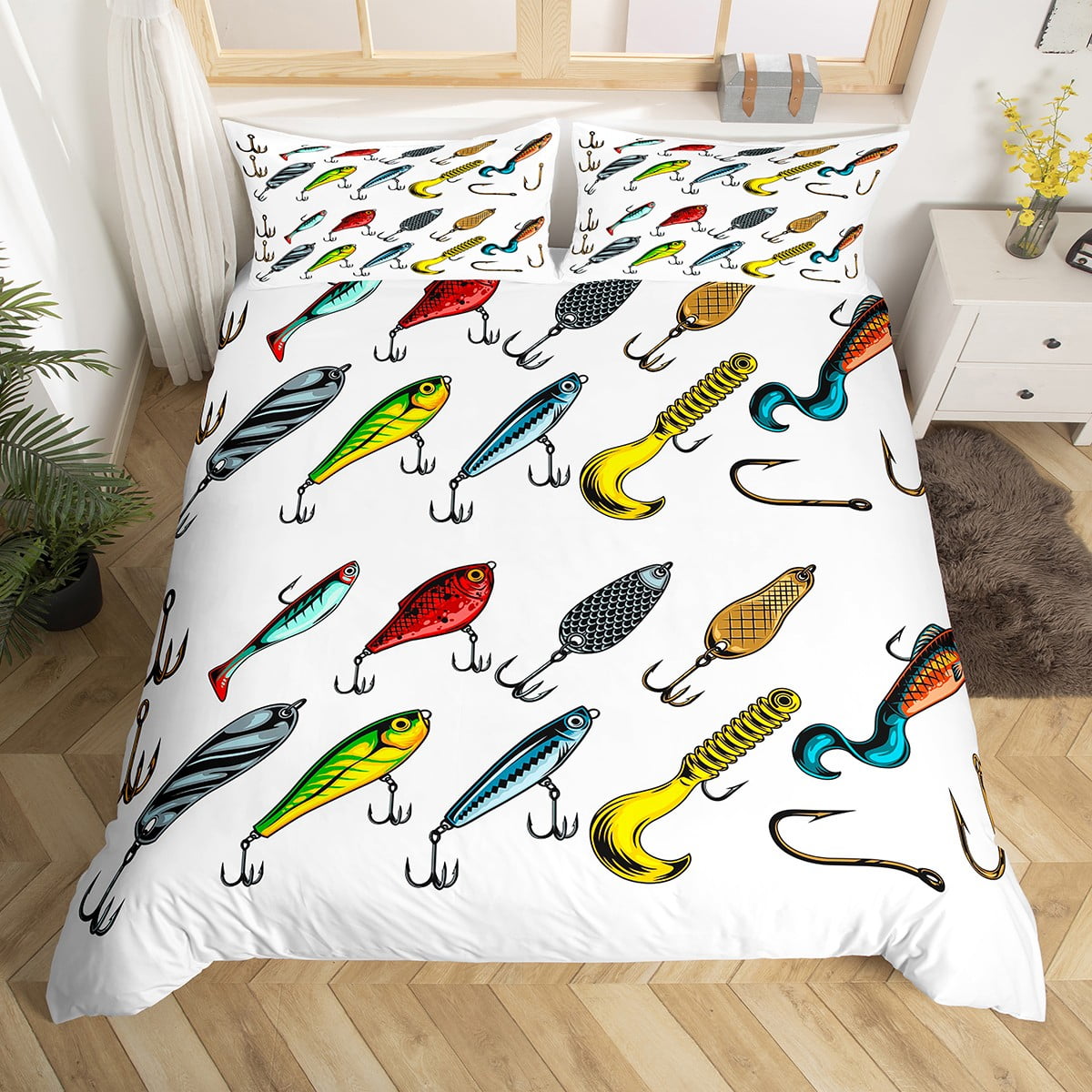 Fishing Baits Duvet Cover Full, Hooks Bedding Set For Kids Adults