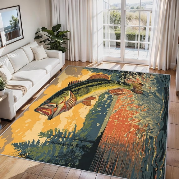 Fishing Bass Area Rug Fish Hunting Theme Carpet Washable Non Slip Soft Living Room Bedroom Entrance Mat 2x3ft
