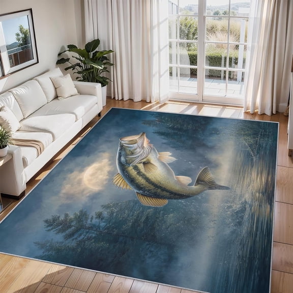 Fishing Bass Area Rug Lake Fish Hunting Carpet Washable Non Slip Soft Living Room Bedroom Entrance Mat 3x5ft