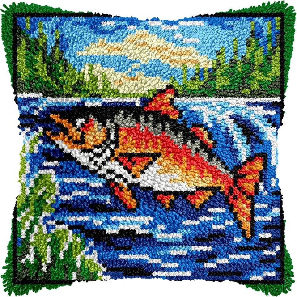 Fishing Bass Fish Latch Hook Pillow Kits for DIY Handmade Throw Pillow Cushion Embroidery Latch Hooking Pillowcase Kits with Preprinted Canvas Crochet Yarn Kits 17''X 17''(g199)