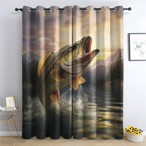 Fishing Bass Patterned Blackout Curtains for Bedroom, Living Room Decor, Room Darkening Thermal Insulated Grommet Drapes, Lake Cabin Window Treatments-52"W x 84"L (Pack of 2)