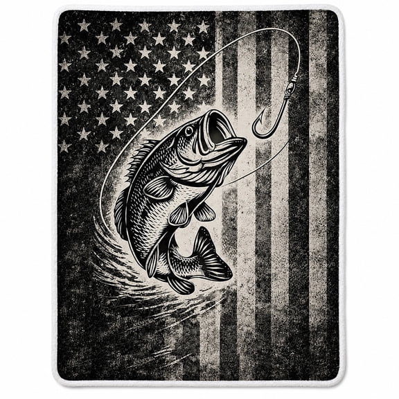 Fishing Bass Sherpa Blanket, Black White Fleece Throw, 30 x 40 to 60 x 80 in