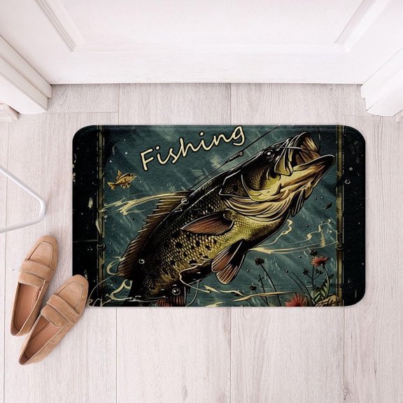 Fishing Bathroom Rug 16" x 24" Water Ripple Fish and Bait Pattern Bath Mat Doormat
