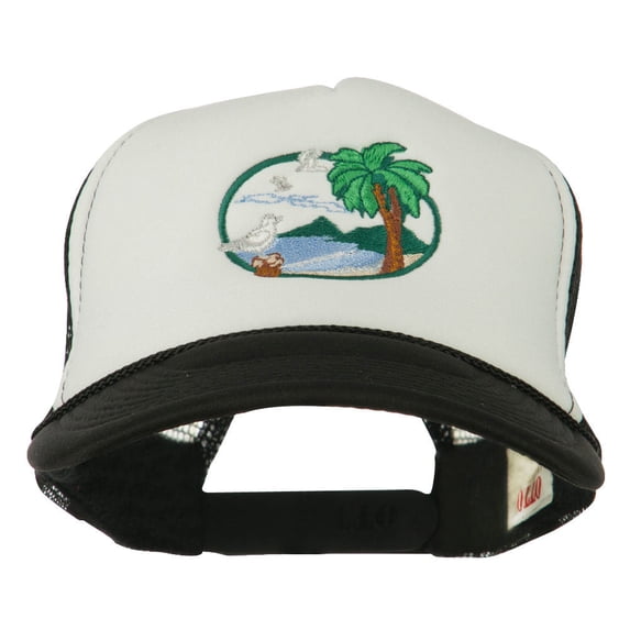 Fishing Beach Seagulls Embroidered Foam Mesh Back Cap - Black White OSFM