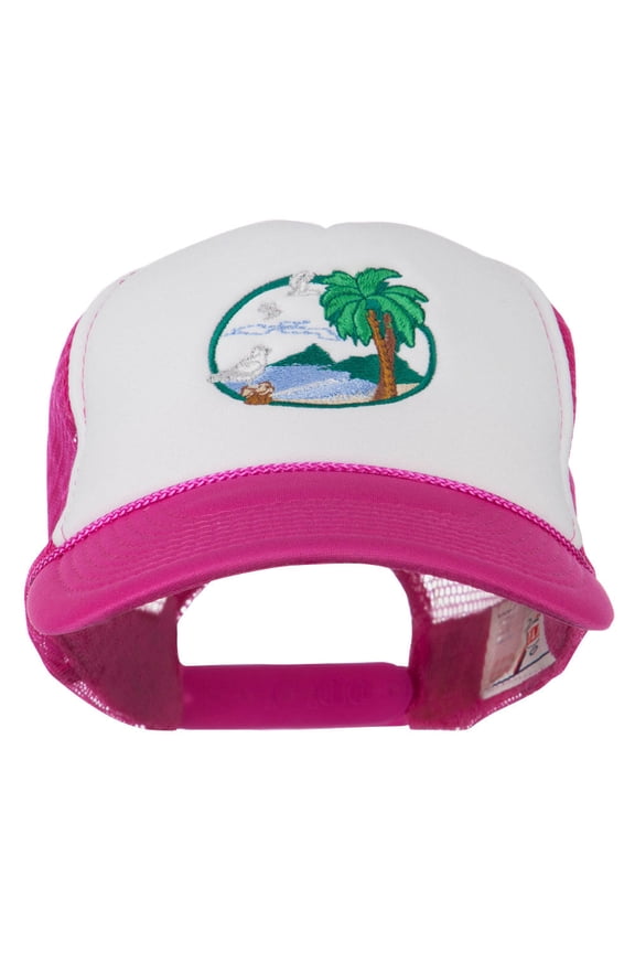 Fishing Beach Seagulls Embroidered Foam Mesh Back Cap - Hot Pink White OSFM
