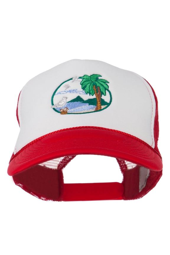 Fishing Beach Seagulls Embroidered Foam Mesh Back Cap - Red White Red OSFM