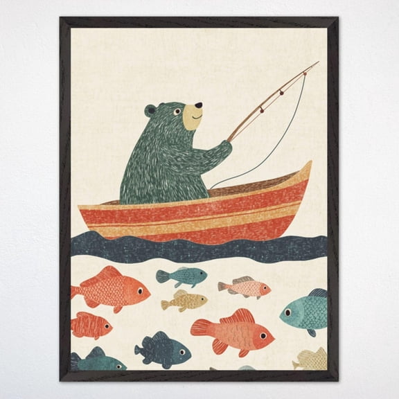 Fishing Bear Nursery Wall Art Whimsical Bear Art Colorful Fish Poster Gender Neutral Kids Room Decor Wall Art Modern Wall Decor