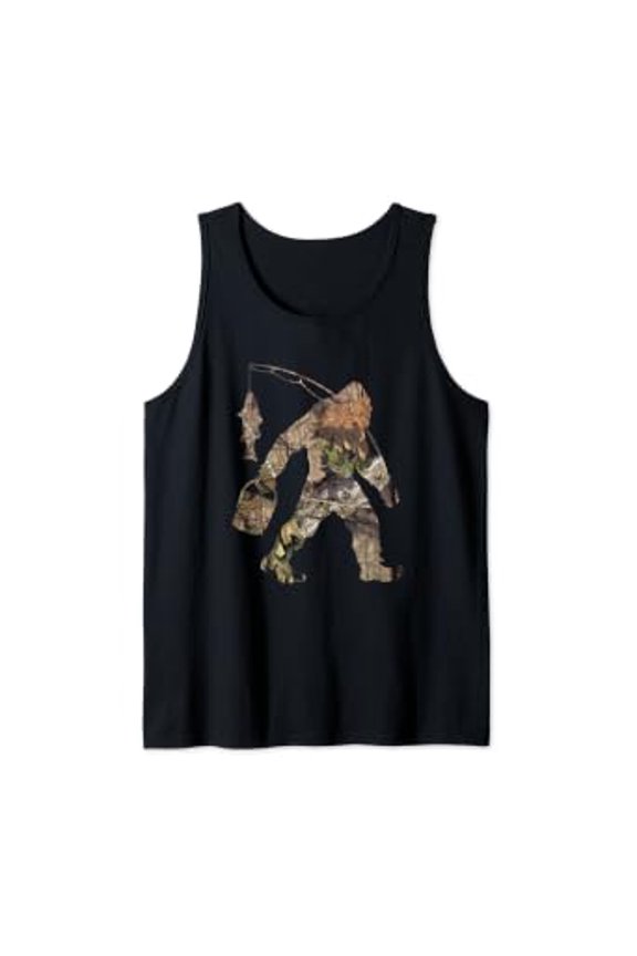 Fishing Bigfoot Carrying Fishing Pole Camo Yeti Sasquatch Tank Top Size S-3XL
