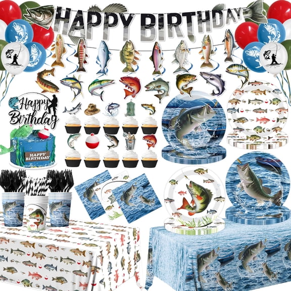 Fishing Birthday Party Decorations Includes Plates, Napkins, Cups, Cutlery, Tablecloth, Cake Toppers, Banner, Hanging Swirls for Fishing Ofishally One Party Decorations,Serve 24 Y101