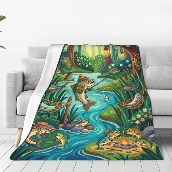 Fishing Blanket, Flannel Fisherman Theme Throw, Aesthetic Decor, Premium Gift for Adults, Interior Accent Piece 50x40