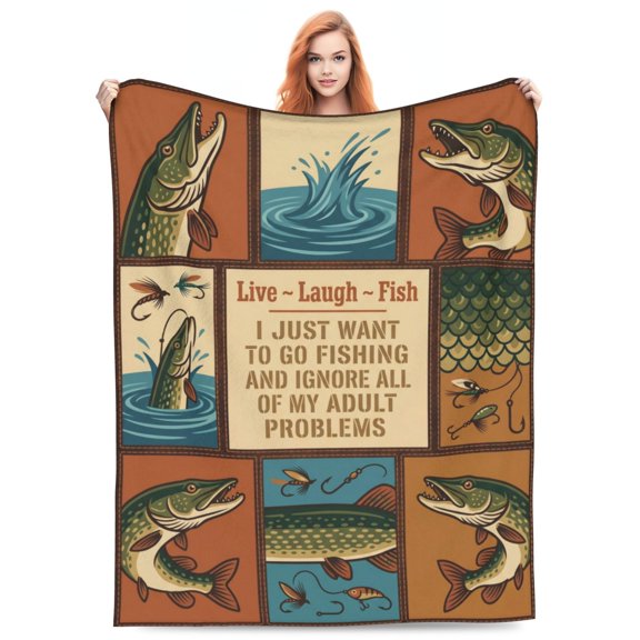 Fishing Blanket for Cabin Lounge, Lakehouse Aesthetic Print Premium Flannel Throw, All-Season Home Accent 50x40