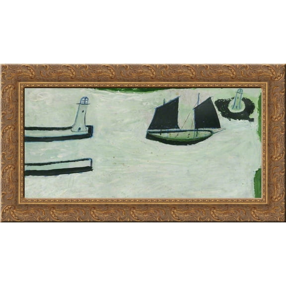 Fishing Boat Between Two Lighthouses 24x14 Gold Ornate Wood Framed Canvas Art by Alfred Wallis