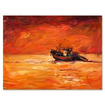 Fishing Boat During Red Evening Glow 12 in x 8 in Painting Canvas Art Print, by Designart