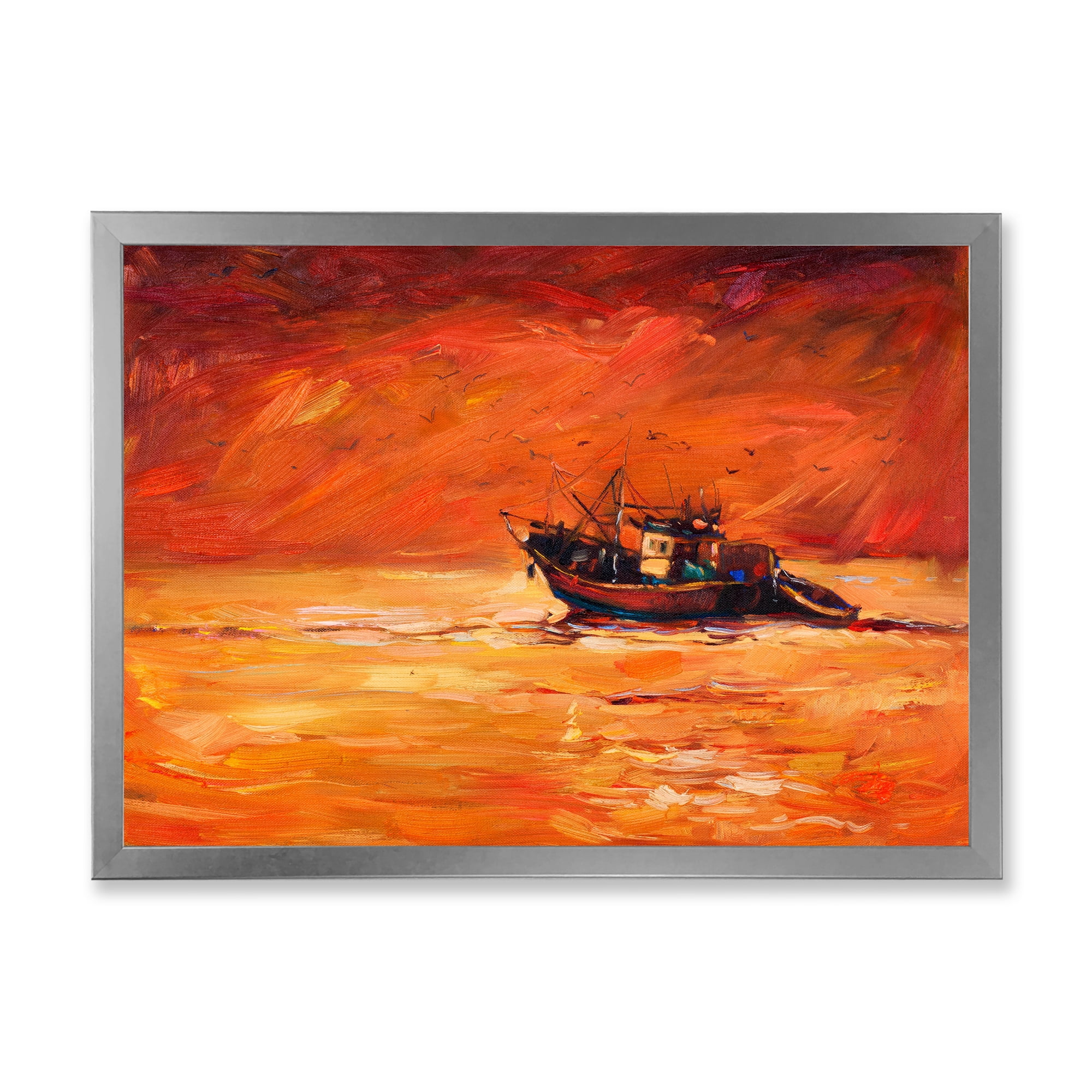 Fishing Boat During Red Evening Glow 20 in x 12 in Framed Painting Canvas Art Print, by Designart