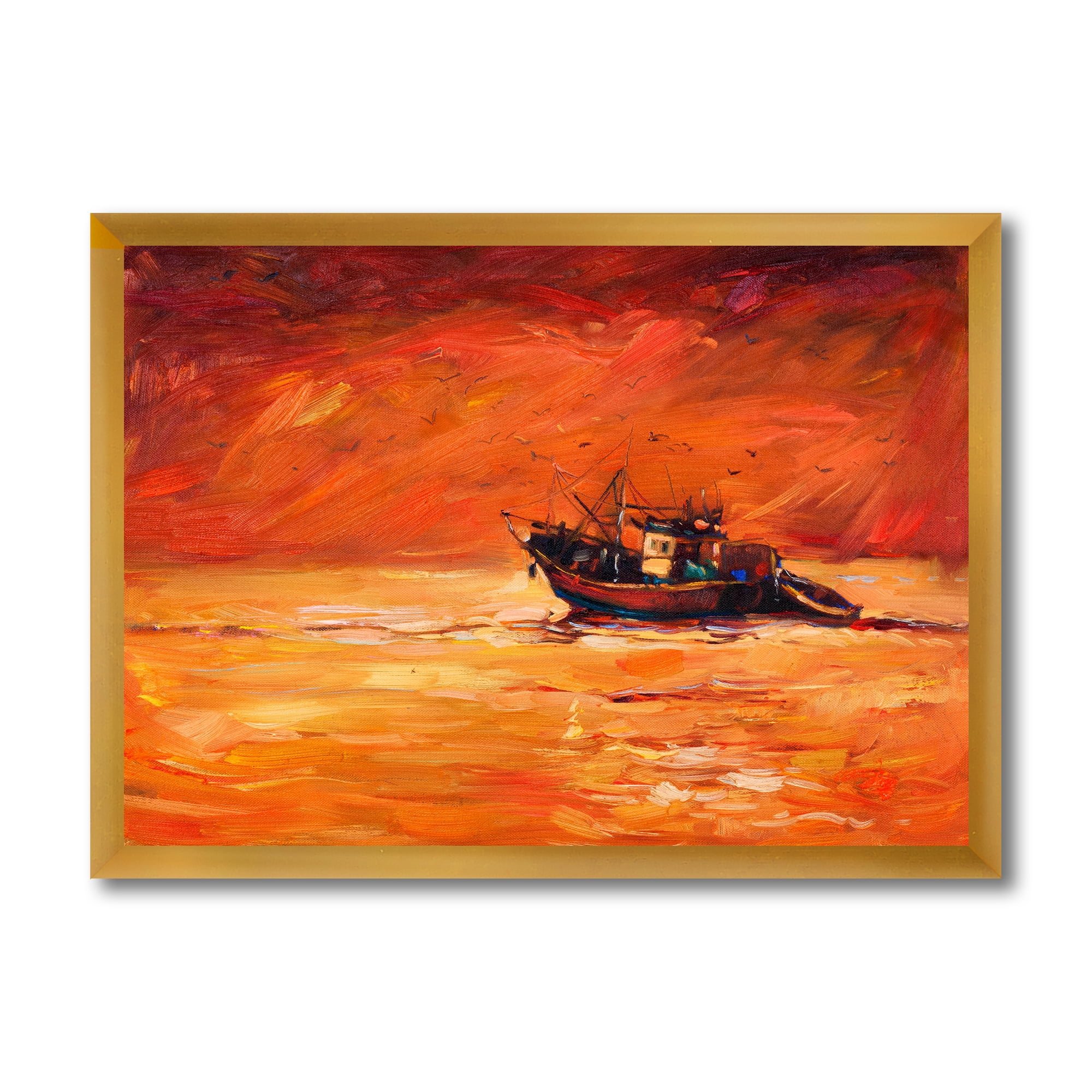 Fishing Boat During Red Evening Glow 32 in x 16 in Framed Painting Canvas Art Print, by Designart