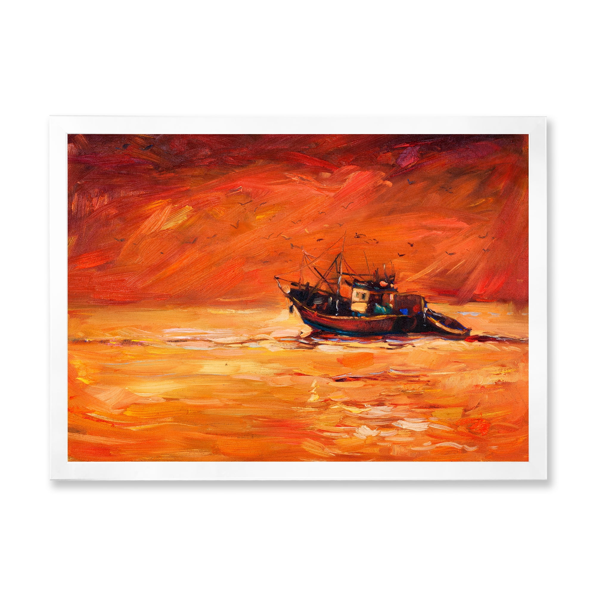 Fishing Boat During Red Evening Glow 32 in x 24 in Framed Painting Canvas Art Print, by Designart