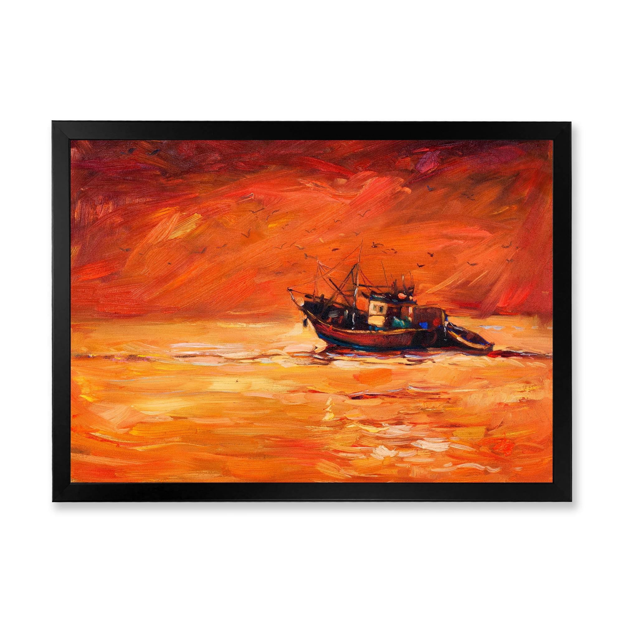 Fishing Boat During Red Evening Glow 32 in x 24 in Framed Painting Canvas Art Print, by Designart