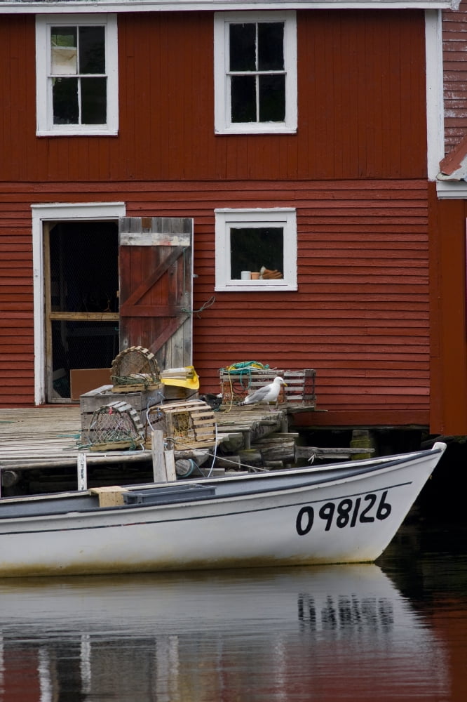 Fishing Boat In Front Of A Red Shed Salvage Newfoundland And Labrador Canvas Art - John Sylvester Design Pics (11 x 17)