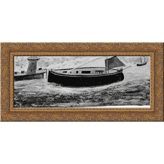 Fishing Boat in Harbour, with Red Sail Mast Steeped 24x12 Gold Ornate Wood Framed Canvas Art by Alfred Wallis