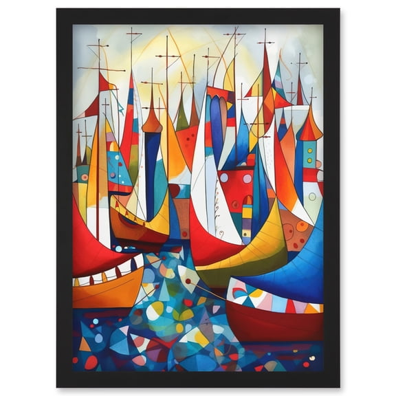 Fishing Boats At Sea Folk Art Watercolour Painting Artwork Framed Wall Art Print A4