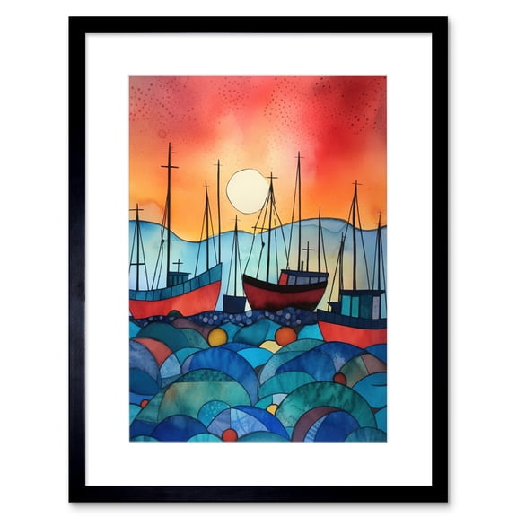 Fishing Boats At Sunset Folk Art Watercolour Painting Artwork Framed Print Wall Art 9X7 Inch