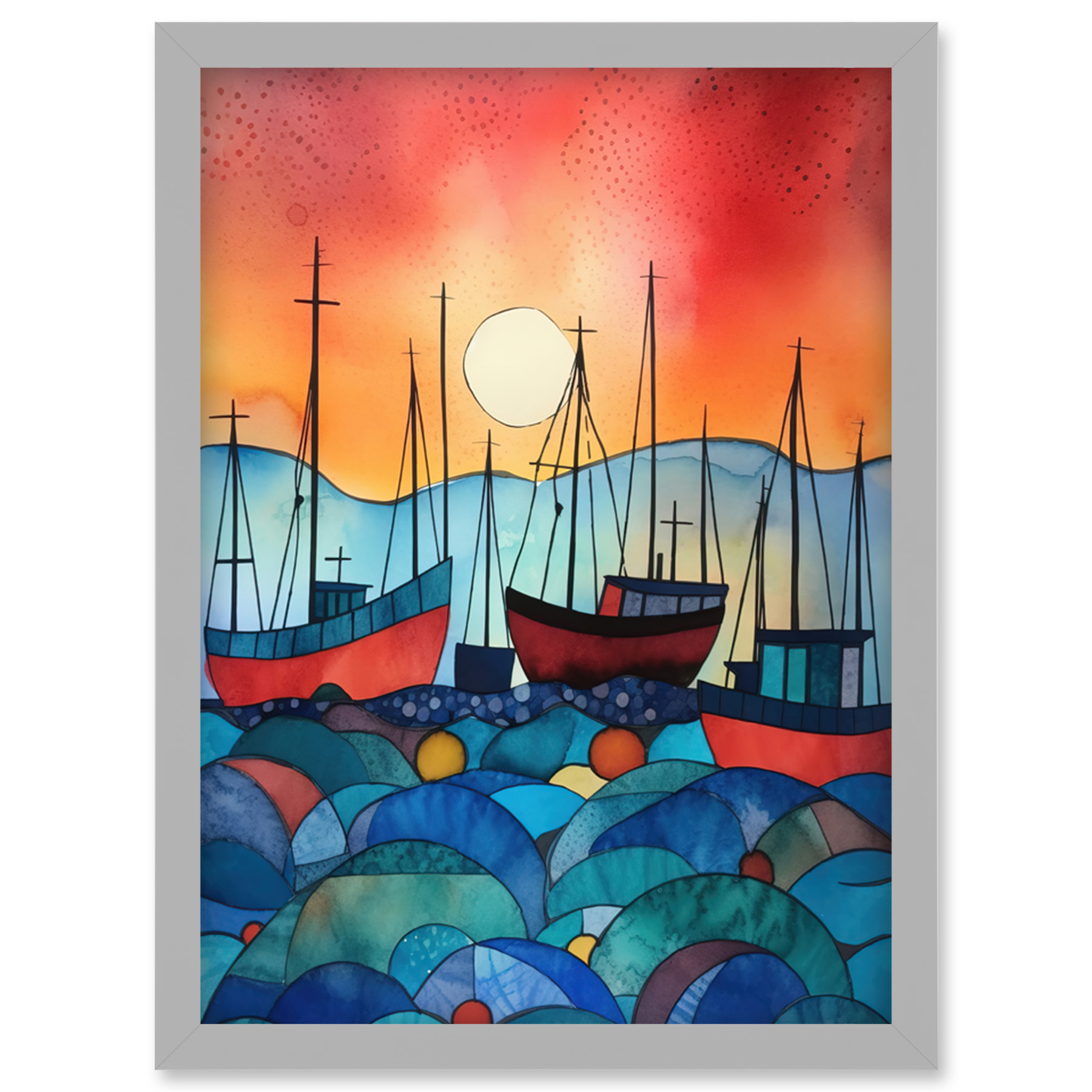 Fishing Boats At Sunset Folk Art Watercolour Painting Artwork Framed 