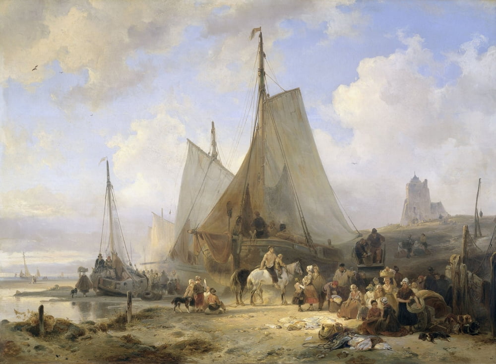 Fishing Boats On The Beach With Fishermen And Women Sorting The Catch Canvas Art - (24 x 18)