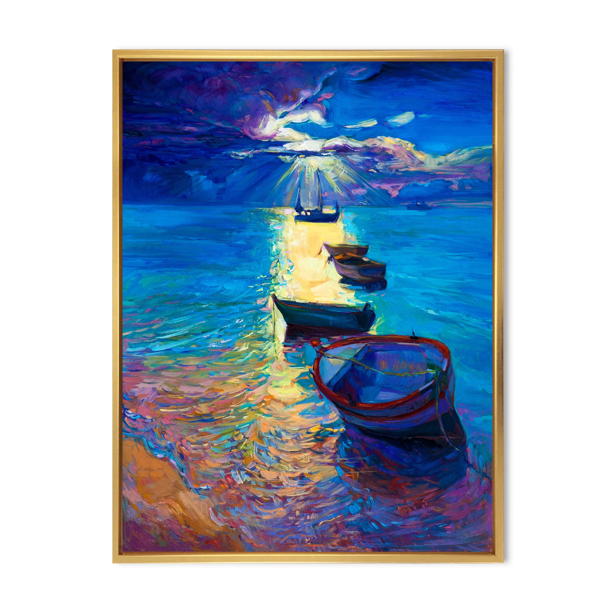 Fishing Boats On The Water With Dark Blue Sky Illustration 12 in x 20 in Framed Painting Canvas Art Print, by Designart