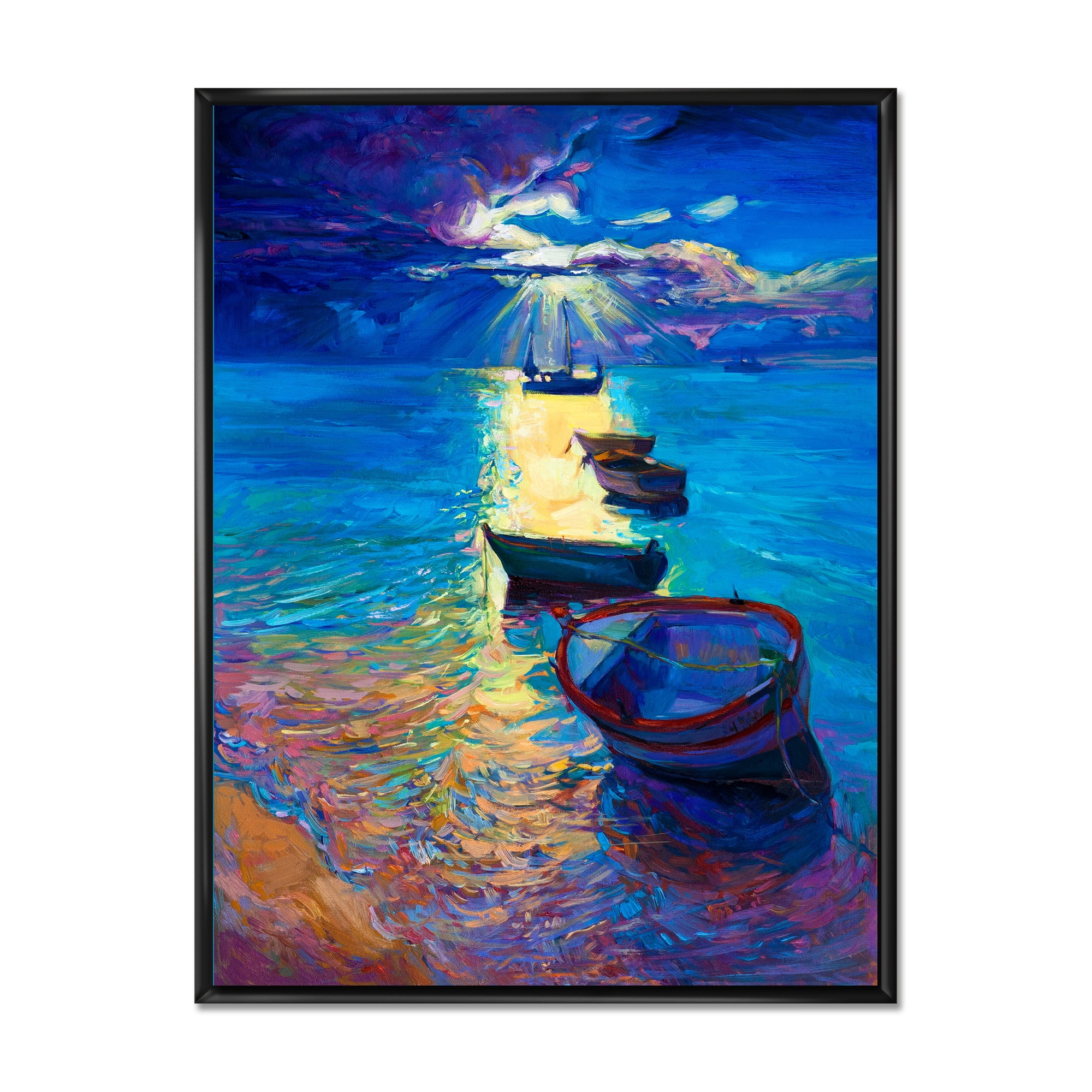 Fishing Boats On The Water With Dark Blue Sky Illustration 24 in x 32 in Framed Painting Canvas Art Print, by Designart