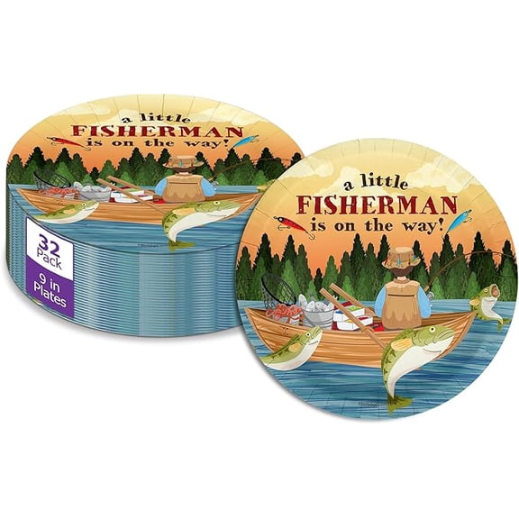 Fishing Boy's Baby Shower - 32 Piece Disposable Party Supplies - Fisherman Baby Shower Decorations - Round Party Plates - Large 9" Paper Plates In Bulk