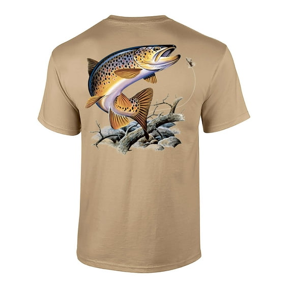 Fishing Brown Trout Adult Short Sleeve T-Shirt-Tan-XXXL