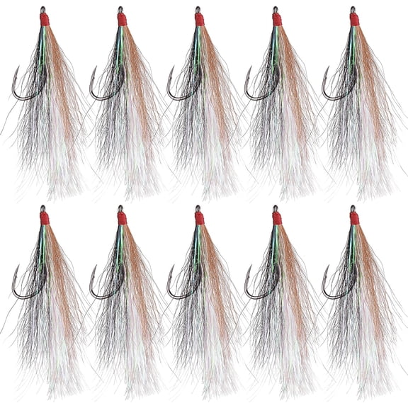 Fishing Bucktail Teaser Hooks, 10pcs Saltwater Fishing Jigs Teaser Hooks High Carbon Steel Hooks with Crystal Flash Feather Skirt for Fluke Flounder Salmon Trout Sea Bass Steelhead