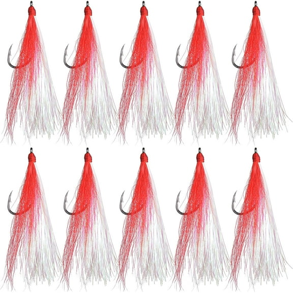 Fishing Bucktail Teaser Hooks, 10pcs Saltwater Fishing Jigs Teaser Hooks High Carbon Steel Hooks with Crystal Flash Feather Skirt for Fluke Flounder Salmon Trout Sea Bass Steelhead